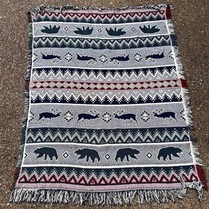 Vintage Geometric Animal Woven Fringe Tapestry Blanket Cabin Lodge